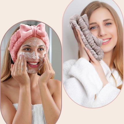 4 Pack Spa Headband for Washing Face, Girls Makeup Bow Tie Hair Band, Microfiber Women Headbands, Elastic Headband to Skincare, Gifts for Teen Girls- White, Brown, Rose Pink, Light Pink.