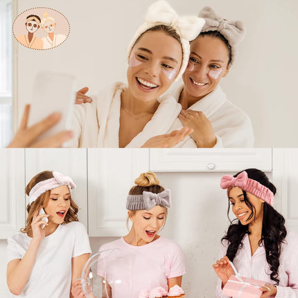 4 Pack Spa Headband for Washing Face, Girls Makeup Bow Tie Hair Band, Microfiber Women Headbands, Elastic Headband to Skincare, Gifts for Teen Girls- White, Brown, Rose Pink, Light Pink.
