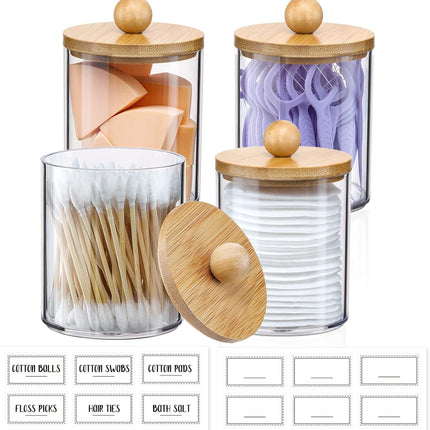 4 Pack Qtip Holder Dispenser with Bamboo Lids - 10 oz Clear Plastic Apothecary Jar Containers for Vanity Makeup Organizer Storage - Bathroom Accessories Set for Cotton Swab, Ball, Pads, Floss.