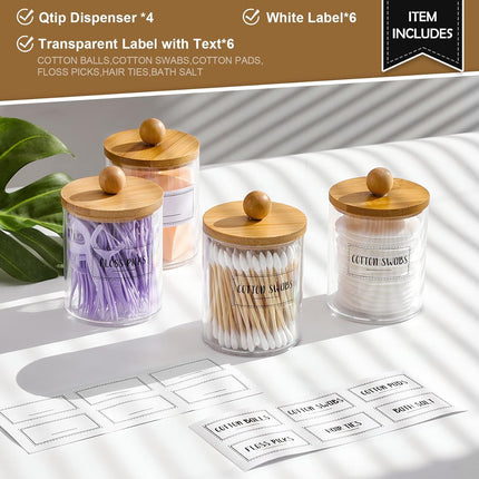 4 Pack Qtip Holder Dispenser with Bamboo Lids - 10 oz Clear Plastic Apothecary Jar Containers for Vanity Makeup Organizer Storage - Bathroom Accessories Set for Cotton Swab, Ball, Pads, Floss.