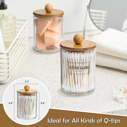 4 Pack Qtip Holder Dispenser with Bamboo Lids - 10 oz Clear Plastic Apothecary Jar Containers for Vanity Makeup Organizer Storage - Bathroom Accessories Set for Cotton Swab, Ball, Pads, Floss.