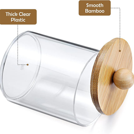 4 Pack Qtip Holder Dispenser with Bamboo Lids - 10 oz Clear Plastic Apothecary Jar Containers for Vanity Makeup Organizer Storage - Bathroom Accessories Set for Cotton Swab, Ball, Pads, Floss.