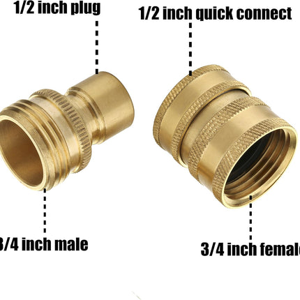Garden Hose Quick Connect Fittings, 3/4 Inch GHT Solid Brass, Quick Connector Set, 2-Pack.