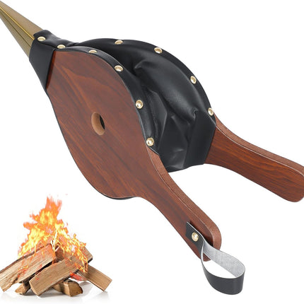 Fireplace Bellows Air Blower Cast Nozzle 14.8" x 5.6" for Outdoor Camping BBQ Grill Chimney Hand Bellow Pump Pit Barbeque Fire Tools Accessories with Hanging Strap, Brown.