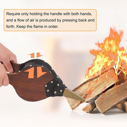 Fireplace Bellows Air Blower Cast Nozzle 14.8" x 5.6" for Outdoor Camping BBQ Grill Chimney Hand Bellow Pump Pit Barbeque Fire Tools Accessories with Hanging Strap, Brown.