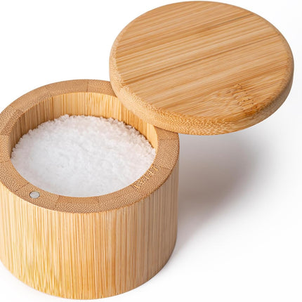 Bamboo Salt Cellar, Magnetic Swivel Lid Salt Box, Round Container for Storing Pepper Sugar Herbs, 6 Ounce Capacity.