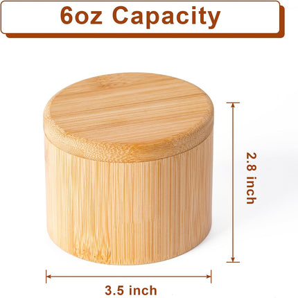 Bamboo Salt Cellar, Magnetic Swivel Lid Salt Box, Round Container for Storing Pepper Sugar Herbs, 6 Ounce Capacity.