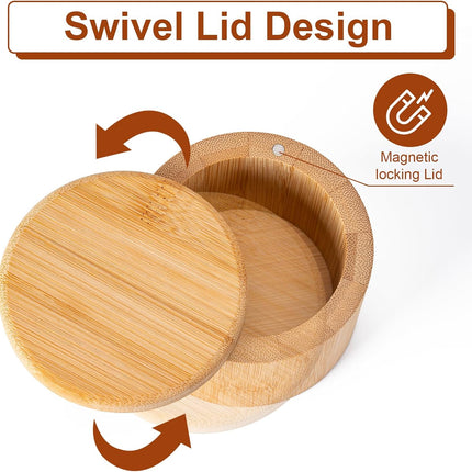 Bamboo Salt Cellar, Magnetic Swivel Lid Salt Box, Round Container for Storing Pepper Sugar Herbs, 6 Ounce Capacity.
