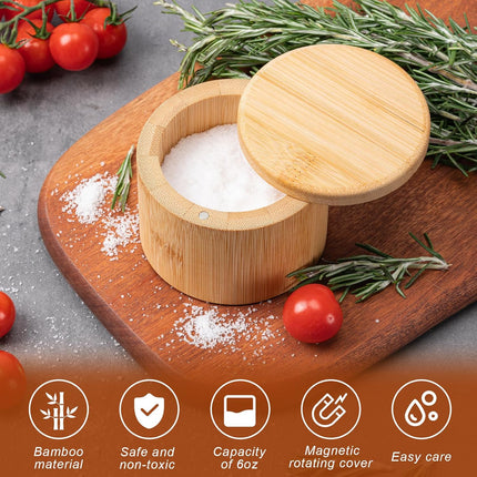 Bamboo Salt Cellar, Magnetic Swivel Lid Salt Box, Round Container for Storing Pepper Sugar Herbs, 6 Ounce Capacity.