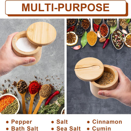 Bamboo Salt Cellar, Magnetic Swivel Lid Salt Box, Round Container for Storing Pepper Sugar Herbs, 6 Ounce Capacity.