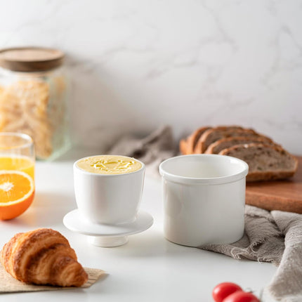 Butter Crock With Water Line for Countertop, French Dish With Lid, Ceramic Keeper for Fresh Spreadable Butter, Container Holder for Kitchen and Home Decor, White.