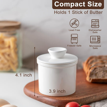 Butter Crock With Water Line for Countertop, French Dish With Lid, Ceramic Keeper for Fresh Spreadable Butter, Container Holder for Kitchen and Home Decor, White.