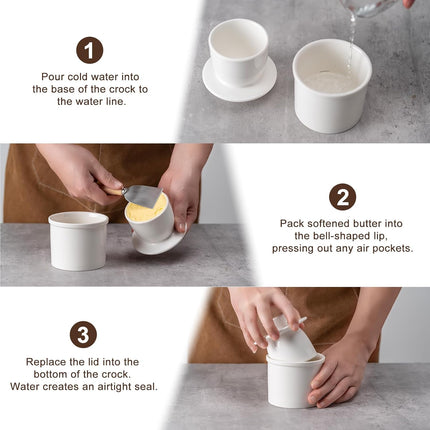 Butter Crock With Water Line for Countertop, French Dish With Lid, Ceramic Keeper for Fresh Spreadable Butter, Container Holder for Kitchen and Home Decor, White.