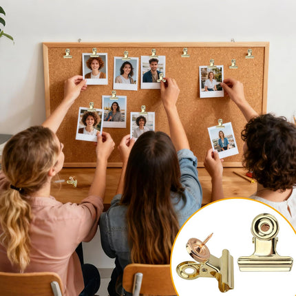 20Pcs Push Pins Clips Gold - Metal Bulldog Clips with Pushpin - Cork Board Thumb Tacks for Home Office School Artworks Projects on Cork Photos Documents on Bulletin Board - No Holes for The Paper.