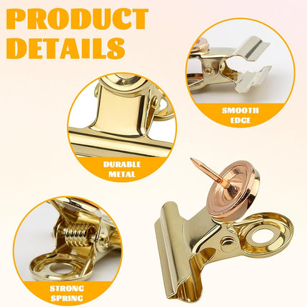 20Pcs Push Pins Clips Gold - Metal Bulldog Clips with Pushpin - Cork Board Thumb Tacks for Home Office School Artworks Projects on Cork Photos Documents on Bulletin Board - No Holes for The Paper.