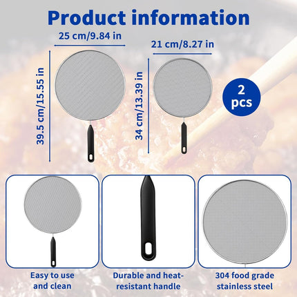 2-Pack Splatter Screen for Frying Pan - 8'' 10'' Stainless Steel Grease Splatter Guard - Cover Oil Splash when Sizzling Bacon - Fine Mesh Cover, Splatter Screen for Frying Pan, Cooking Pots.