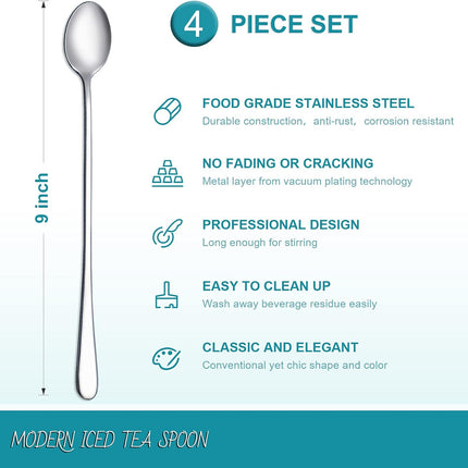 9-Inch Long Handle Iced Tea Spoon, Coffee Spoon, Ice Cream Spoons, Stainless Steel Cocktail Stirring Spoons, Set of 4.