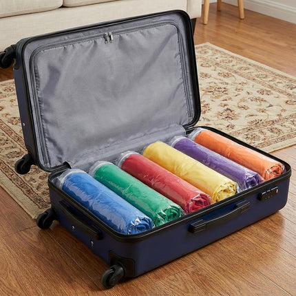 4-Pack Vacuum Compression Space Saving Storage Bags - 13.8 x19.7in Roll-Up Travel Vacuum Seal Bags for Clothing Packing, Cruise Accessories, Luggage & Home Organizers - No Vacuum or Pump Needed.