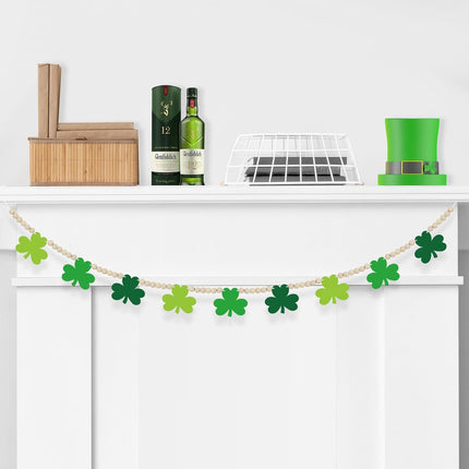 4.5 FT St.Patrick’s Day Shamrock Garland for Decorations, Wood Green Garland with Beads NO DIY, Clover St Patricks Banner Garlands for Mantle, Fireplace, Party Home Decor （Shamrock）.