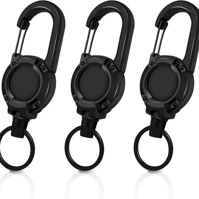 3 Pack Retractable Keychain with Carabiner - Black - 60cm Extendable Key Ring for Work Outdoor Travel.