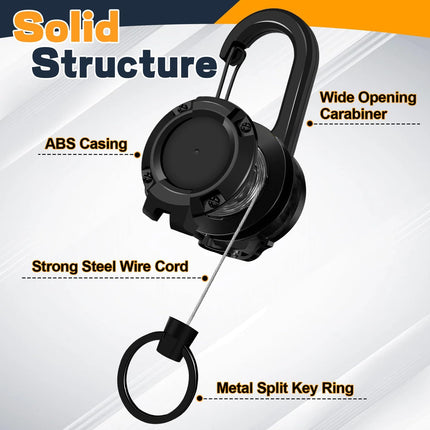 3 Pack Retractable Keychain with Carabiner - Black - 60cm Extendable Key Ring for Work Outdoor Travel.