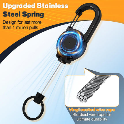 3 Pack Retractable Keychain with Carabiner - Black - 60cm Extendable Key Ring for Work Outdoor Travel.