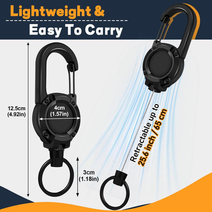 3 Pack Retractable Keychain with Carabiner - Black - 60cm Extendable Key Ring for Work Outdoor Travel.