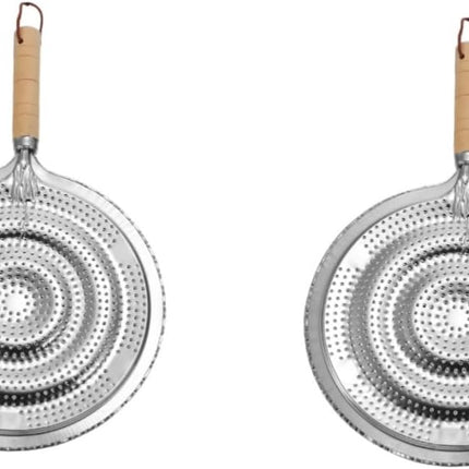 2 Pack Heat Resistant Pan Trivets Stainless Steel Table Mats with Wooden Handles and Hanging Ropes.