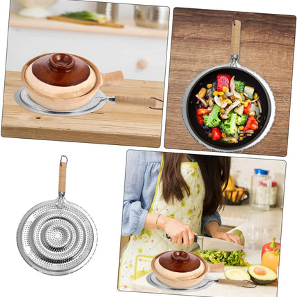 2 Pack Heat Resistant Pan Trivets Stainless Steel Table Mats with Wooden Handles and Hanging Ropes.