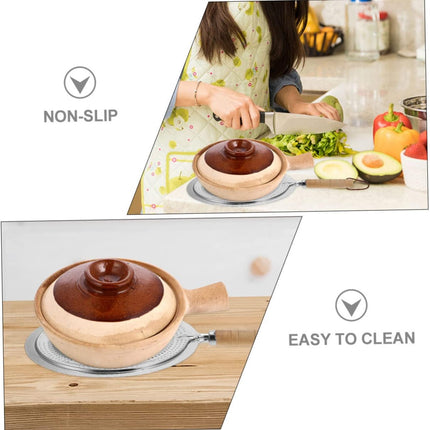 2 Pack Heat Resistant Pan Trivets Stainless Steel Table Mats with Wooden Handles and Hanging Ropes.