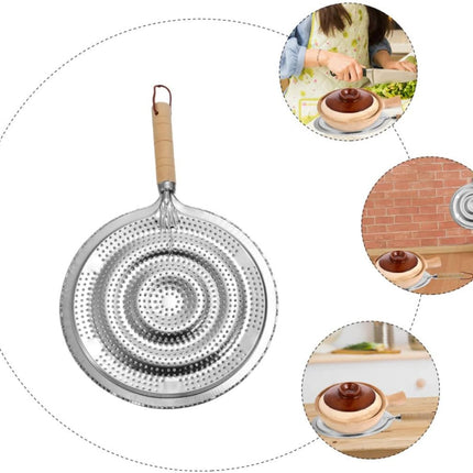 2 Pack Heat Resistant Pan Trivets Stainless Steel Table Mats with Wooden Handles and Hanging Ropes.