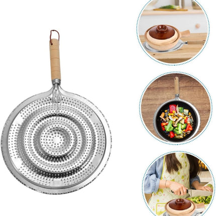 2 Pack Heat Resistant Pan Trivets Stainless Steel Table Mats with Wooden Handles and Hanging Ropes.