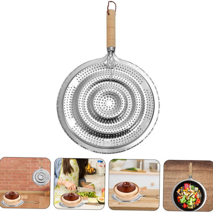 2 Pack Heat Resistant Pan Trivets Stainless Steel Table Mats with Wooden Handles and Hanging Ropes.