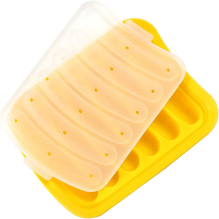 6 Cavity Silicone Hot Dog Mold with Lid Yellow Non-Stick Sausage Maker Baking Tool.