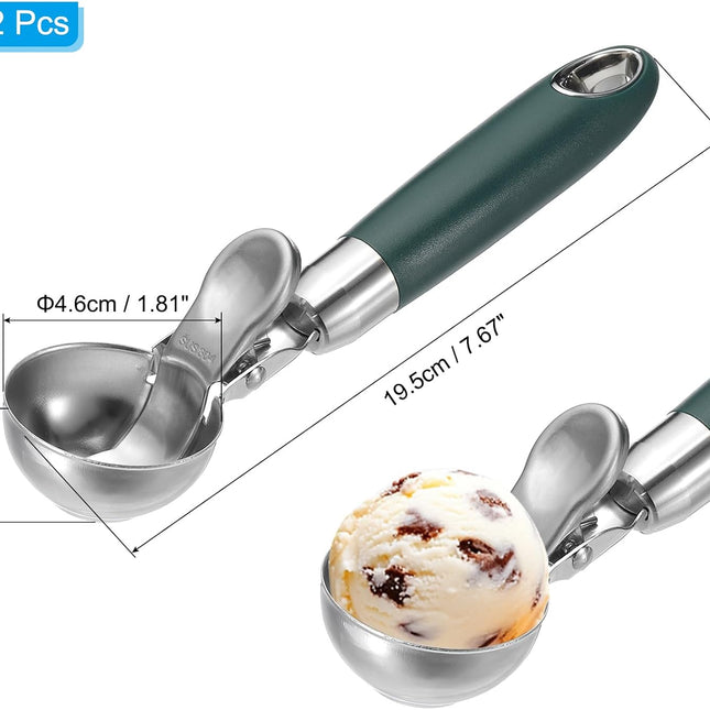 2 Pack Green Ergonomic 304 Stainless Steel Ice Cream Scoop with Trigger.