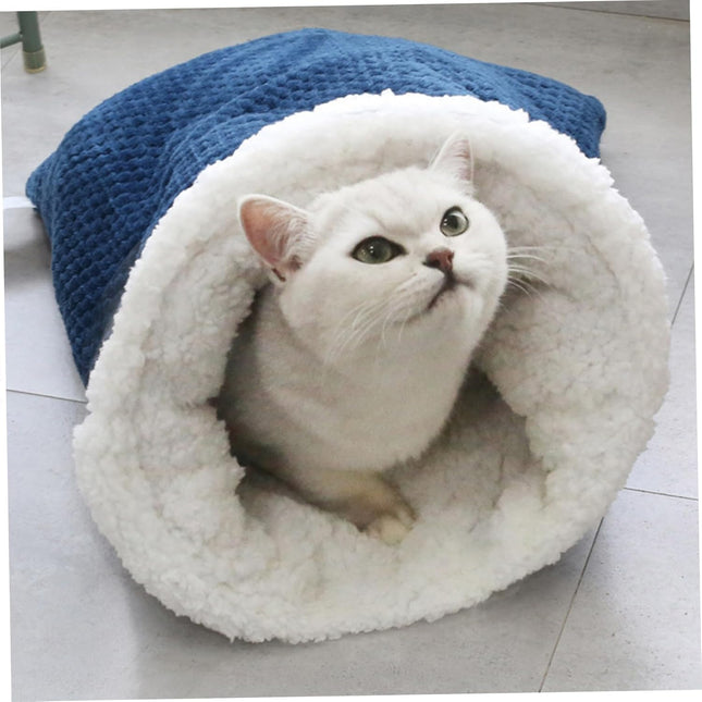 Cat Sleeping Bag Nest - Half-Closed Design - Plush & Fleece - Warm - Navy Blue - 1 Piece.