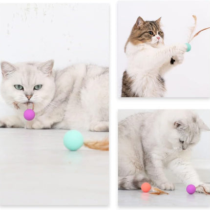 Cat Toy Bouncy Ball with Feathers Interactive Play Ball for Kittens & Adult Cats Pack of 3.