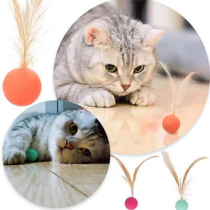 Cat Toy Bouncy Ball with Feathers Interactive Play Ball for Kittens & Adult Cats Pack of 3.