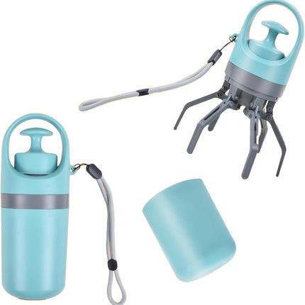 Portable 6-Claw Dog Poop Scooper with Built-in Bag Dispenser - Blue.