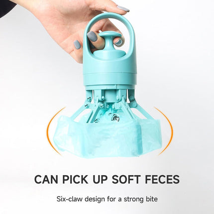 Portable 6-Claw Dog Poop Scooper with Built-in Bag Dispenser - Blue.