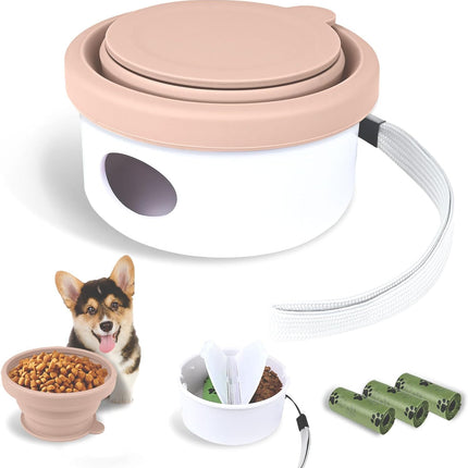Collapsible Dog Bowl for Travel Double Feeder and Water Bowl with Lid and Carrying Strap.