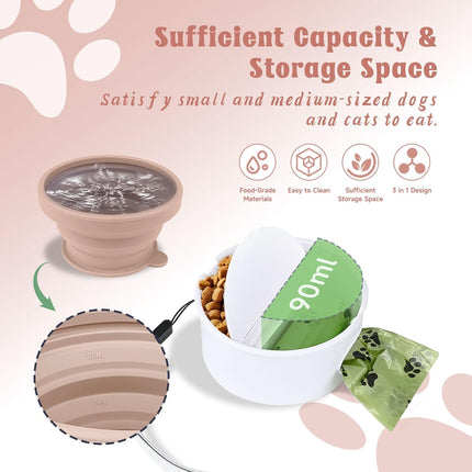 Collapsible Dog Bowl for Travel Double Feeder and Water Bowl with Lid and Carrying Strap.