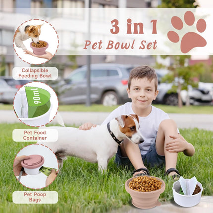 Collapsible Dog Bowl for Travel Double Feeder and Water Bowl with Lid and Carrying Strap.