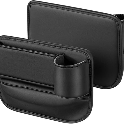 Car Seat Organizer with Cup Holder - Storage Compartment Between Seats - Seat Filler - PU Leather - Black - Set of 1.