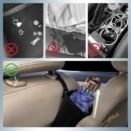 Car Trash Bin & Organizer - Under Seat or Center Console Storage Box with Umbrella Holder - Black - Set of 1.