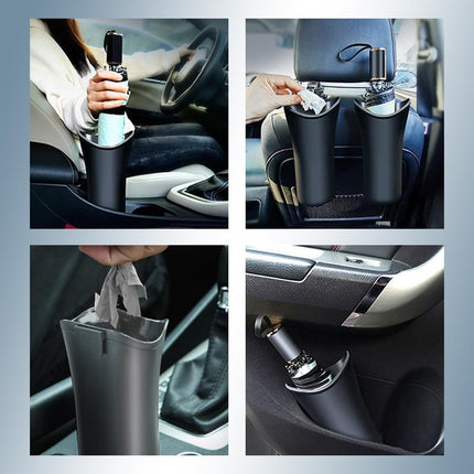 Car Trash Bin & Organizer - Under Seat or Center Console Storage Box with Umbrella Holder - Black - Set of 1.