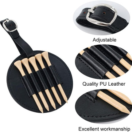 Leather Golf Tee Holder with 5 Wooden Tees 3-1/4 Inch Hook for Golf Bag Strap Hanging.