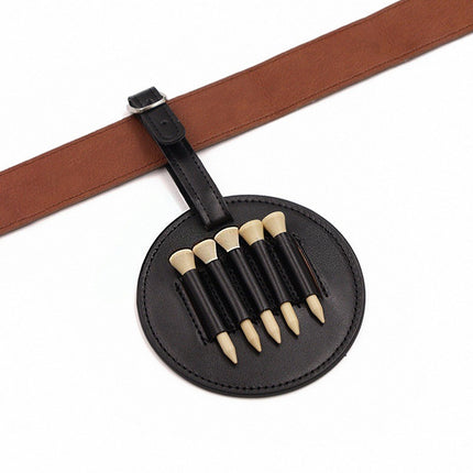 Leather Golf Tee Holder with 5 Wooden Tees 3-1/4 Inch Hook for Golf Bag Strap Hanging.