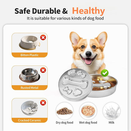 2-in-1 Stainless Steel Dog Slow Feeder & Lick Mat Set of 2 - Dishwasher Safe - Anti-Skid Design for Pet Feeding.