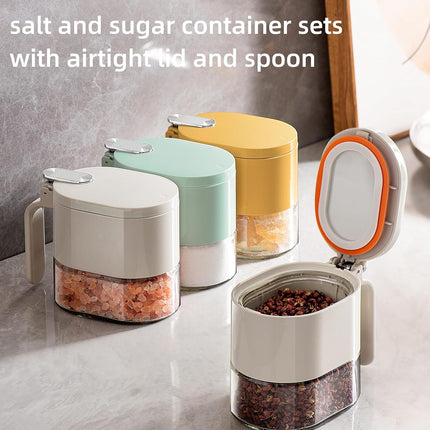 2 Piece Stylish Airtight Herb Jars with Spoon in Lid for Sugar & Salt.